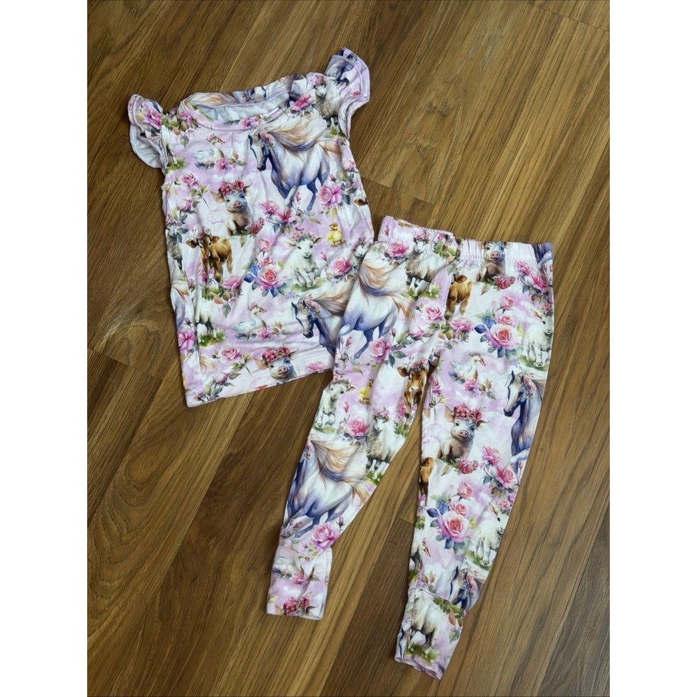 Bums & Roses Toddler Girls Cow/pig/horse Bamboo 2PC Pajamas Set Pants Top VGC